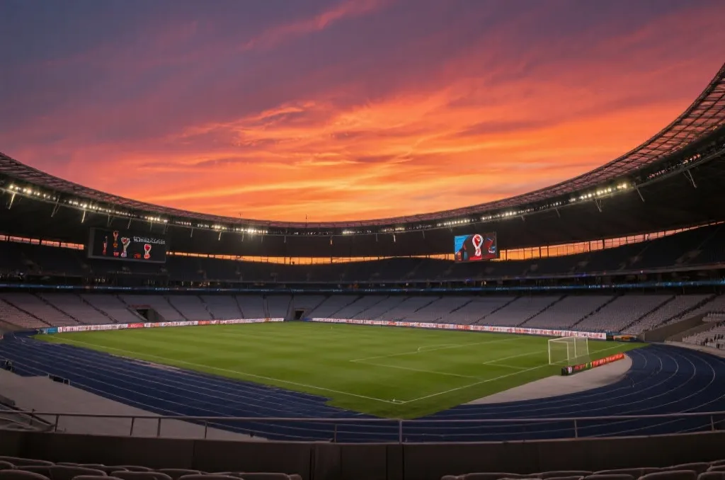 An empty modern soccer stadium under a dramatic sunset sky representing the grand stage of the world cup